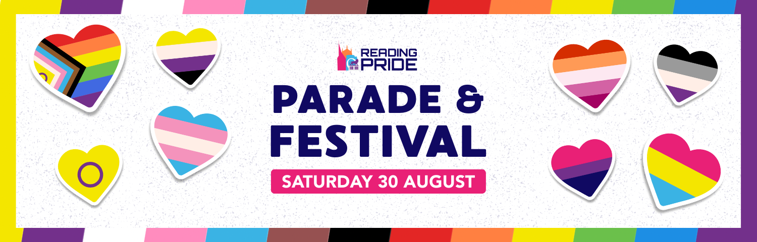 Website banner (1500 x 480 px) Reading Pride parade and festival. Saturday 30th April